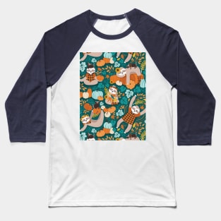 Sloths in pumpkin mood // pattern // green background orange teal and aqua autumnal pumpkins fall leaves shepherd’s check yellow sunflowers Baseball T-Shirt